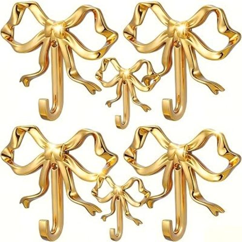 6 Pcs Gold Bow Hooks,Bow Hooks for Wall,Metal Wall Hook for Hanging,Coats,Hats,Bags,Bath Towels and Room Decorations,Borehole