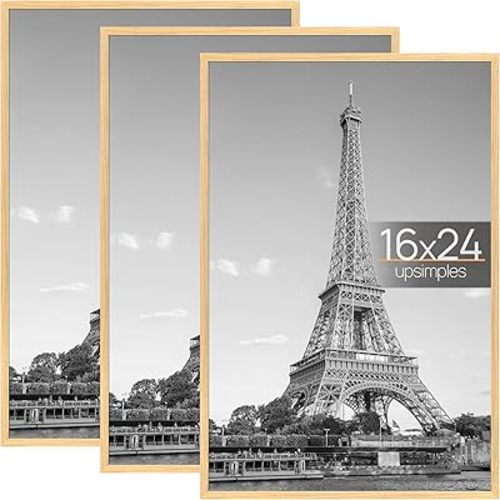 upsimples 16x24 Frame Natural 3 Pack, Poster Frames 16 x 24 for Horizontal or Vertical Wall Mounting - Slide-In Photo Frame Strips, Scratch-Proof Wall Gallery Photo Frame