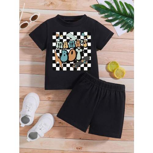 Baby Boys' Casual And Versatile Letter Patterned Comfortable Short Sleeve And Shorts Set For Home