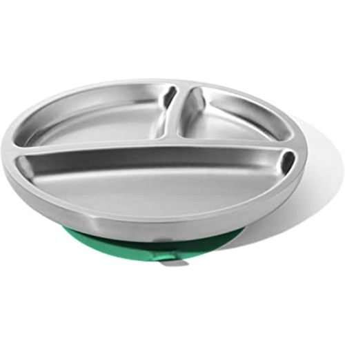 Avanchy Baby Toddler Plates with Suction Divided Stainless Steel for Feeding Babies Kids Toddlers Food, Large,Green