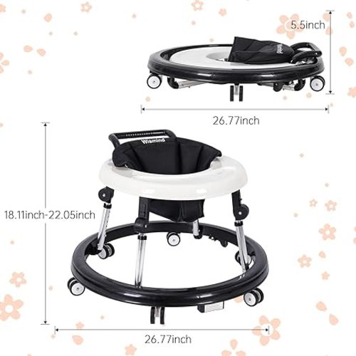 Wismind Baby Walker Foldable with 9 Adjustable Heights, Baby Walkers and Activity Center for Boys Girls Babies 6-12 Months, Baby Walker and Bouncer Combo with Wheels Portable - black