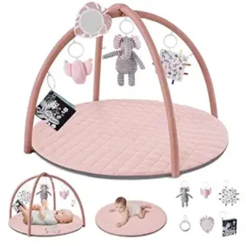 Blissful Diary Baby Play Gym Mat, Tummy Time Activity Mat with 6 Detachable Toys for Skill Development, Baby Essentials Gift, Soft Pink