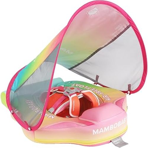 Mambobaby Float with Canopy Baby Swimming Pool Float Non Inflatable Baby Safety Float Upgraded Tail Soft Skin-Friendly Material Swim Float for Toddler Infant 3-24 Months, Rainbow