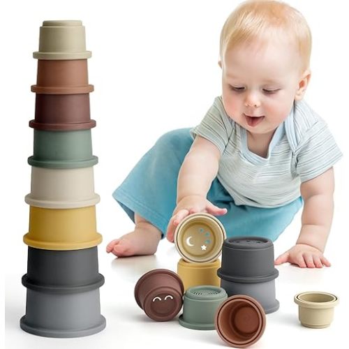 BOBXIN Stacking Cups Baby Building Toy, Nesting Cup Early Educational Toddlers Stacking Toy, 8 Pcs with Numbers & Pattern, Fun for Kid Baby 6-12 Months Play for Indoor/Outdoor/Bathtub/Beach