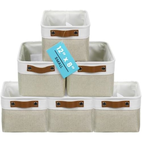 OrganiHaus Small Fabric Storage Baskets for Shelves 6 Pack, 12x8in Closet Storage Bins for Shelves, Cloth Storage Bins, Linen Closet Organizers, Fabric Basket, Shelf Baskets for Organizing Beige/White