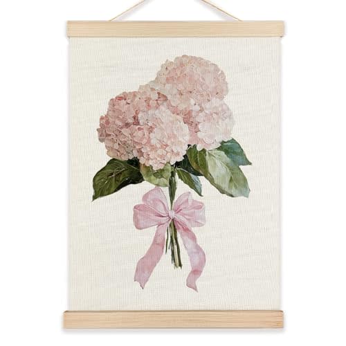 LZYRF Pink Hydrangea Floral Wall Art Poster Framed, Flower Room Decor, Coquette Pink Bow Hydrangea Flower Canvas Prints Wall Decor for Home Girls Bedroom Dorm Apartment, 12x16 Inch