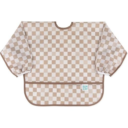 Bumkins Sleeved Bib for Girl or Boy, Baby and Toddler for 6-24 Mos, Essential Must Have for Eating, Feeding, Baby Led Weaning Supplies, Long Sleeve Mess Saving Food Catcher, Soft Fabric, Sand Check