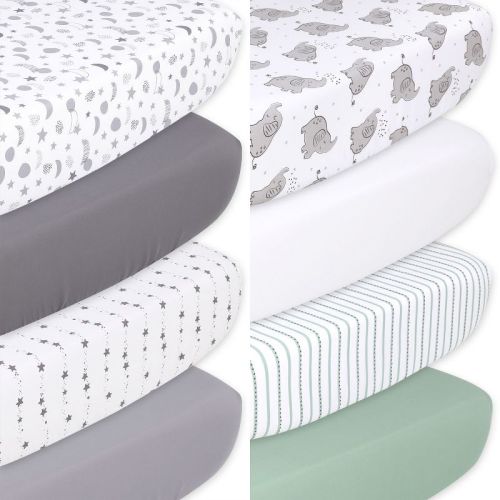 The Peanutshell Celestial Stars And Elephant Fitted Crib Sheets, Unisex 8-pack Set | Grey, Green