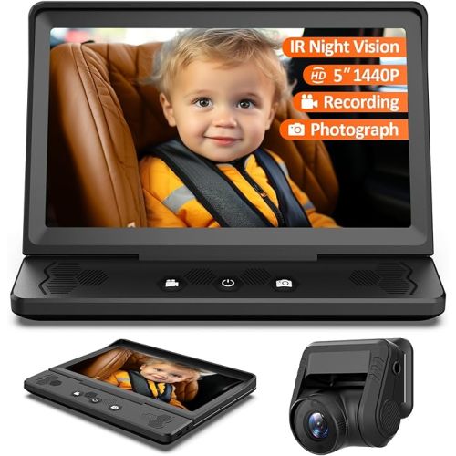 Baby Car Camera HD 1440P Recording, ZGZUXO 5” Baby Car Monitor with Full-Color Night Vision Camera, Infant Safety Baby Car Mirror Rear Facing for Backseat with Wide Clear View, Easy Installation