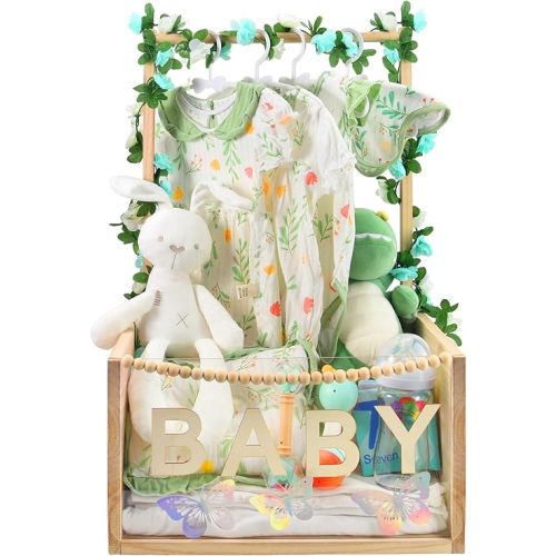 PIIOSER Baby Shower Crate Closet, Multifunctional Wooden & Acrylic Visible Baby Storage Crate with Handle, Newborn Welcome Gifts Basket for Boys Girls, Pregnancy Gifts for New Parents(Beige)