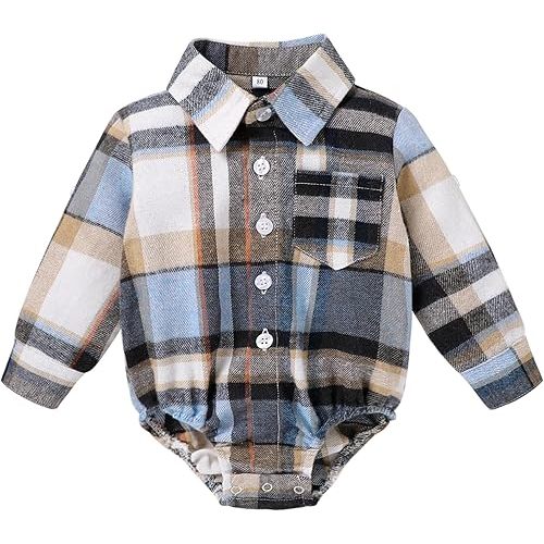 HAPPYMA Newborn Baby Boy Girls Plaid Outfit Flannel Romper Tops Infant Long Sleeve Button Down Plaid Casual Bodysuit Clothes