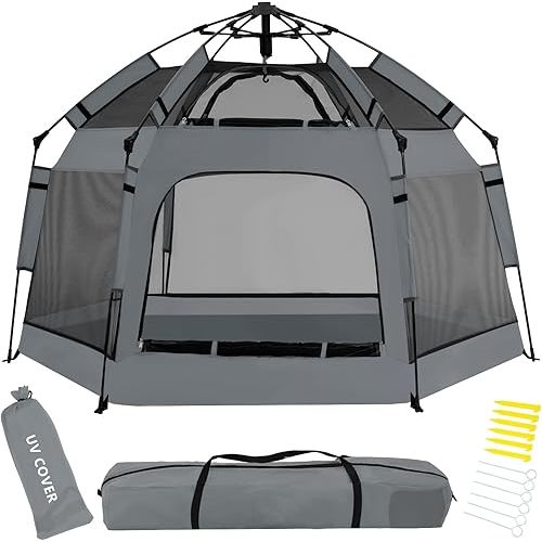 Pop Up Playpen for Babies with Canopy & Safety Lock - Outdoor Baby Playpen with 6 Ground Stakes & 6 Sand Stakes, UV Protection & Carry Bag, Instant Beach Tent for Indoor/Outdoor Use（Grey）
