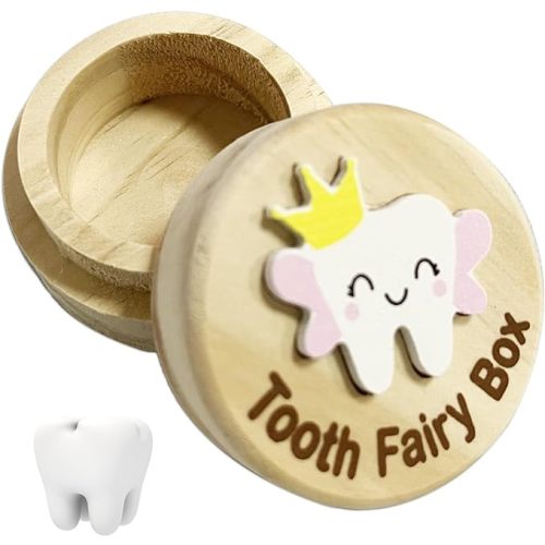 Tooth Fairy Box for Boys and Girls - 3D Carved Cute Cartoon Tooth Wooden Keepsake Baby Toddle Lost Fallen Teeth Storage Souvenir Holder for Kids Newborn, Baby Shower Gifts (Pink)