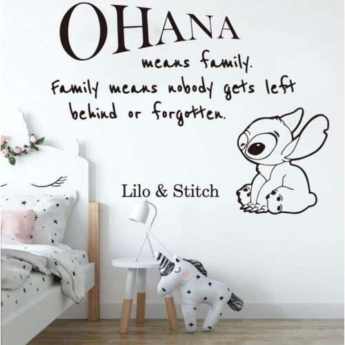 QTH Wall Stickers Cartoon Ohana Lilo and Stitch Quote Wall Sticker Nursery Kids Room Large Anime Family Love Quote Wall Decal Playroom Vinyl Decor 56X43Cm