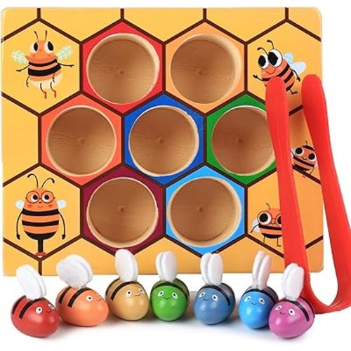 Toddler Fine Motor Skill Toy, Bee to Hive Matching Game, Montessori Wooden Color Sorting Matching Toy, Preschool Educational Learning Toys Gift for Toddler 2 3 Years Old