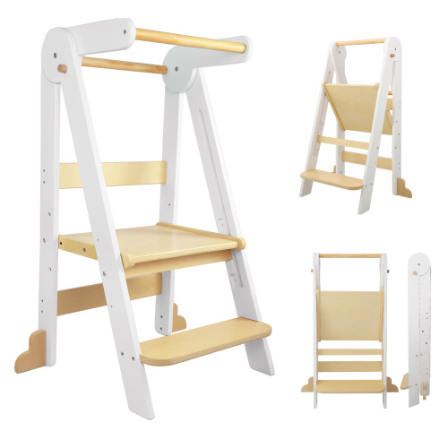 HARPPA Sturdy Montessori Foldable Step Stool for Kids 18 months-6 Years, Adjustable Height Kitchen Tower, White
