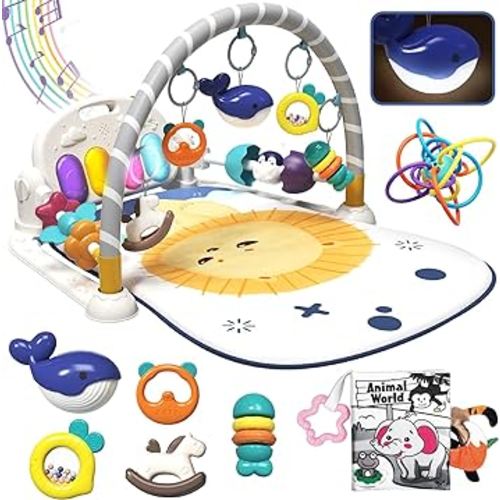 Baby Play Mat, Tummy Time Activity Mat Toys, Funny Piano Baby Play Gym with 7 Infant Sensory Baby Toys, Baby Floor Play Mat for Newborn Baby 0-6-12 Months Boys Girls(Lion)