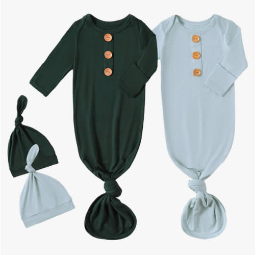 Amazon.com: OPAWO Knotted Gown Baby Newborn Sleepers Baby Boy Coming Home Outfit, Bamboo Viscose Baby Gowns with Mitten Cuffs and Hat Set(Navy Blue + Sage Green, 0-3 Months): Clothing, Shoes & Jewelry