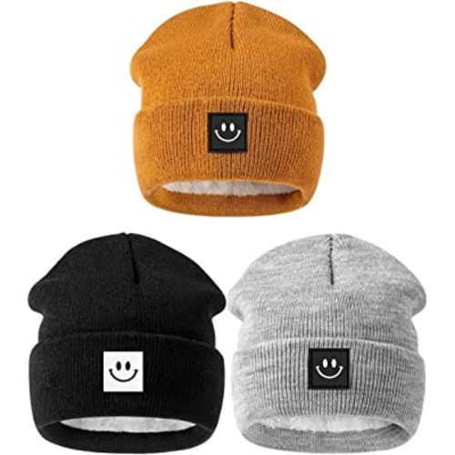 Hispeka Baby Beanie Hat 3 Packs with Cute Smiley Face, Toddler Girls Boys Baby Hats Winter, Kids Winter Hat Cold Weather