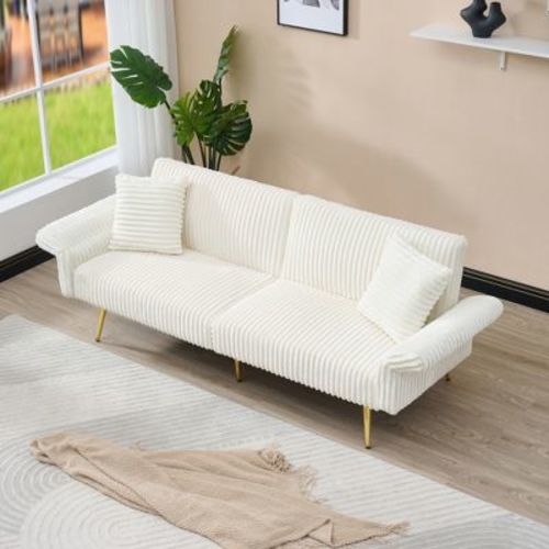 SKRAN Convertible Sleeper Sofa Bed, Plush Corduroy Upholstered Futon Sofa Couch bed, with folding armrests, for Home/Studio/Apartment (White)