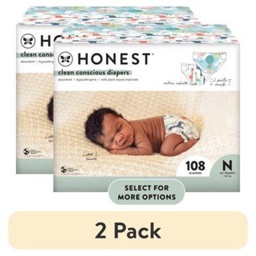 (2 pack) The Honest Company, Clean Conscious Disposable Baby Diapers, Above It All & Giraffes Prints, Size NB, 108 Count (Select for More Options)