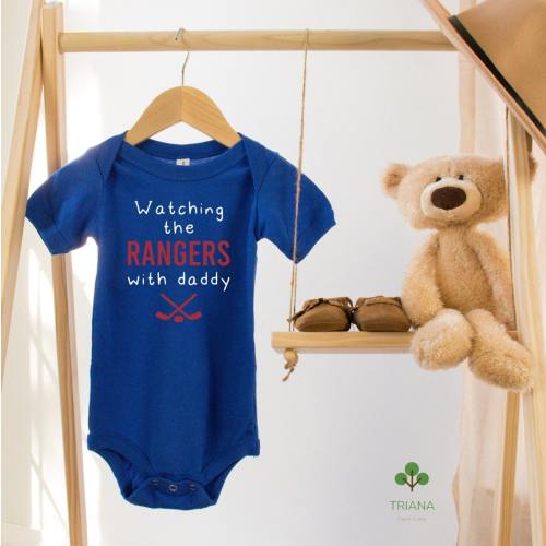 Watching the Game with Daddy Royal Blue Unisex Hockey Baby Game Day Bodysuit or Toddler T-Shirt, Sports Fan Gender Reveal Gift Idea