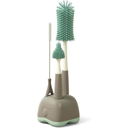 Silicone Bottle Brush Cleaning Set, Gray, Nipple Cleaner, Straw Brush, includes Drying Rack Stand.
