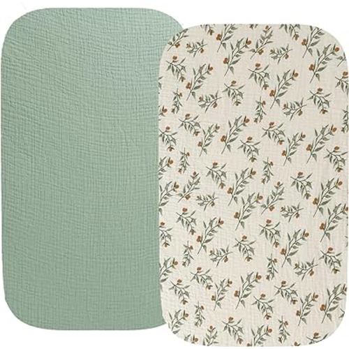 Muslin Bassinet Sheet Compatible with Baby Delight Beside Me Dreamer Bassinet, 2 Pack Cotton Stylish Boho Fitted Bassinet Sheets Super Soft for Baby Roman Green & Botanical Leaf