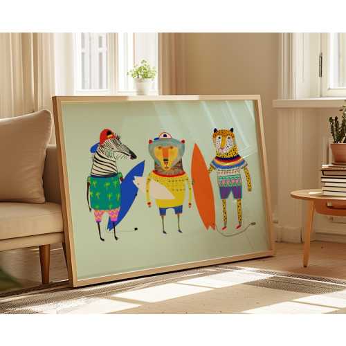 Surfing Friends Art Print, Kids Wall Art, Children's Surf Decor, Cool Trendy Gift For Boys, Animal Illustration, Surfer Drawing, Beach Decor