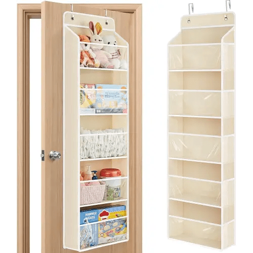 JARLINK Toy Stuffed Animal Storage, Over The Door Organizer W/Clear View Windows, 44lb Load, Baby Toy Storage Organizer for Nursery, Kid Bedroom, Newborn Baby Essentials (Beige)
