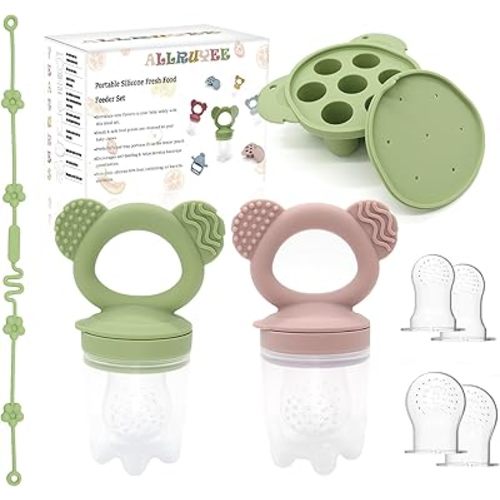 Baby Fruit Feeder & Mini Freezer Tray Combo Breastmilk Popsicle Mold Fresh Food Feeder for Safe Infant Self-Feeding Teething Relief Extra Food Pouches（Green and Pink）
