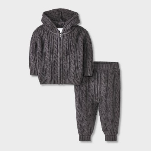 Grayson Mini Baby Cable Zip-Up Sweater Set - Dark Gray 3-6M