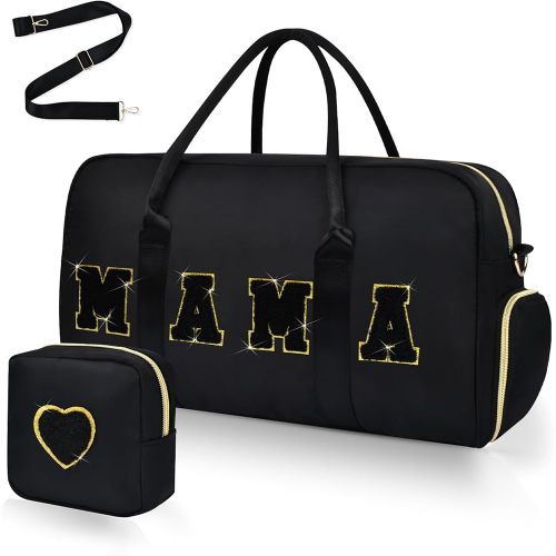 Mama Hospital Bag for Women Labor and Delivery Nylon Chenille Letter Embroidered Duffle Overnight Weekender Bag with Shoes Compartment and Mothers Day Gifts Black-Gold
