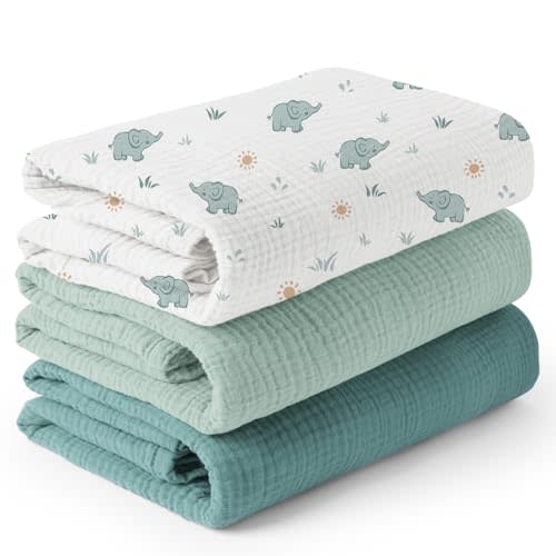Konssy 3 Pack Muslin Swaddle Blankets for Unisex, Newborn Receiving Blanket, Large 47 x 47 inches, Soft Breathable Muslin Baby Swaddles for Boys & Girls