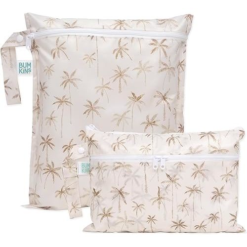 Bumkins Waterproof Wet Bag and Wet Dry Clutch Bags for Baby, Travel, Swim Suit, Cloth Diapers, Pump Parts, Pool, Gym Clothes, Toiletry, Hook to Stroller, Daycare, Zip Packing Pouch, 2-pk Palm Trees