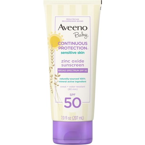 Aveeno Baby Continuous Protection Zinc Oxide Mineral Sunscreen Lotion for Sensitive Skin, Broad Spectrum SPF 50, Tear-Free, Sweat- & Water-Resistant, Paraben-Free, Non-Greasy, 7 fl. oz