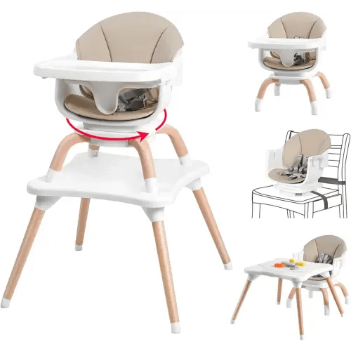 Baby High Chair, 7 in 1 Convertible High Chairs for Babies and Toddlers, Kids Learning Table, Building Block Table, Toddler Dining Chair with 360° Rotating Seat, 5-point Safety Harness (Khaki)