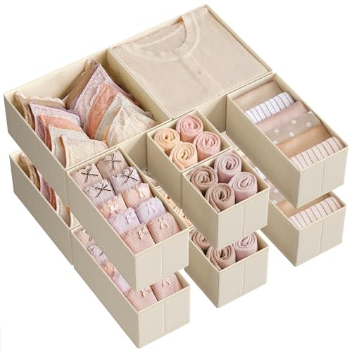 SONGMICS Drawer Organizer, Dresser Drawer Organizers, Set of 12, Foldable Fabric Storage Bins for Socks, Underwear, Bras, Ties, Scarves, Sand Beige URDZ006Y02