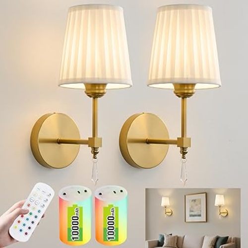 Battery Operated Wall Sconce Set of 2, 10000 Mah Rechargeable Wall Sconces Dimmable 12 RGBS,Remote Wireless Sconces,Gold Sconces Wall Decor Set of 2 Fabric,Cordless Wall Lamp for Bedroom,Living Room