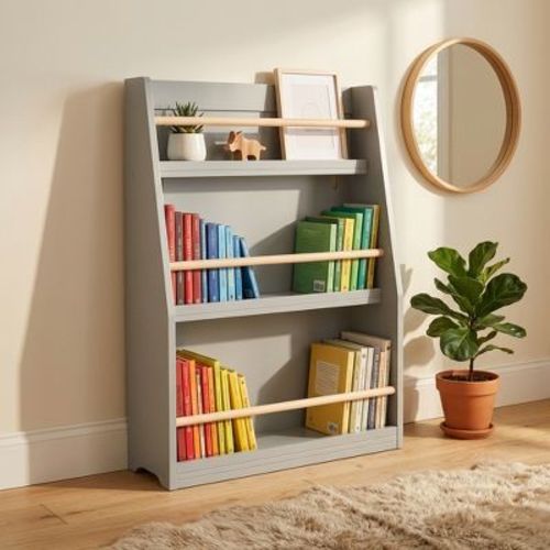 3-Tier Kids Book Shelf, Kids Book Rack With Natural Wood Retainer Rails, Slim Narrow Nursery Book & Toy Storage Shelf, Gray