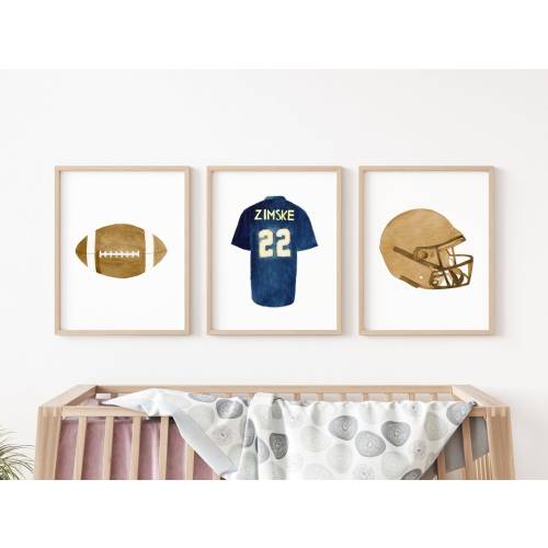 Personalized Watercolor Football Jersey and Helmet Art Print Set for kids Room Nursery or Office, Custom Football Lover's Gift Idea
