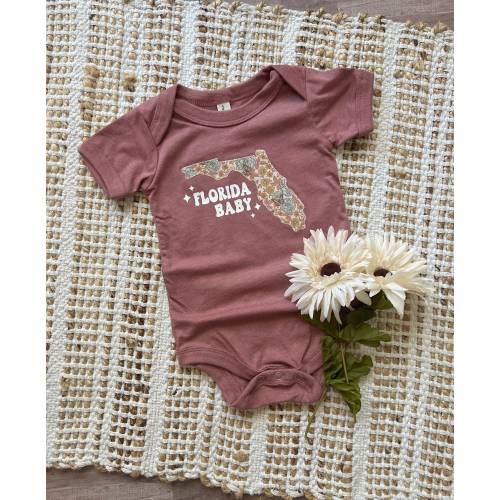 Baby girl floral print &#39;Florida Baby&#39; bodysuit, fabric appliqué, matching family tee