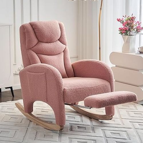 Nursery Rocking Chair with Foot Rest,Upholstered Teddy Glider Rocker with Solid Wood Legs, Accent Nursing Arm Chair for Living Room/Bedroom/Nursery,Pink