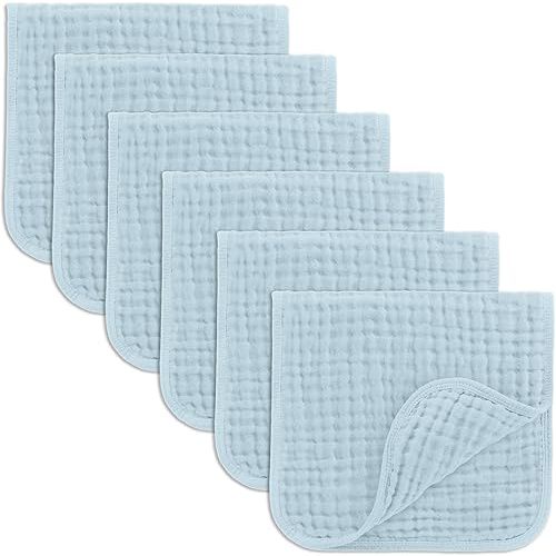 Comfy Cubs Muslin Burp Cloths 20" x 10", Pack of 6 - Large, 6-Layer, Ultra Absorbent 100% Cotton for Baby Drool and Messes - Soft, Safe & Gentle Baby Burp Cloths Set for Boys & Girls - Sky Blue