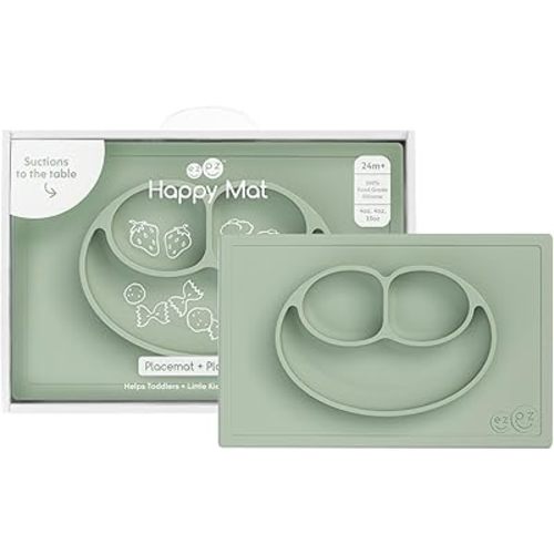 ezpz Happy Mat - 24 Months+ (Sage) - 100% Silicone Suction Plate with Built-in Placemat for Toddlers + Preschoolers - Divided Toddler Plates - Toddler Essentials