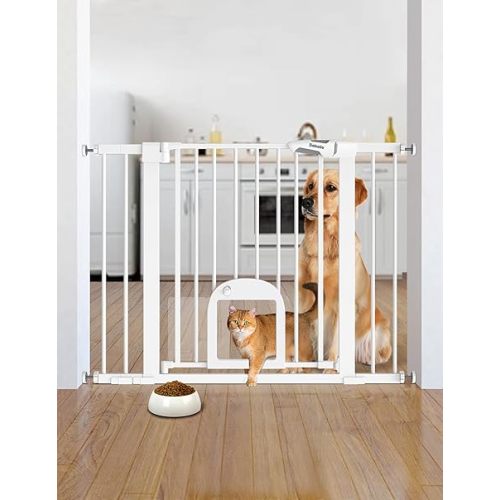 Babelio Baby Gate with Adjustable Cat Door,29-43" Auto Close Durable Pet door for Stairs,Doorways and House,Pressure Mounted,Easy Install,Effortless Walk Thru,White