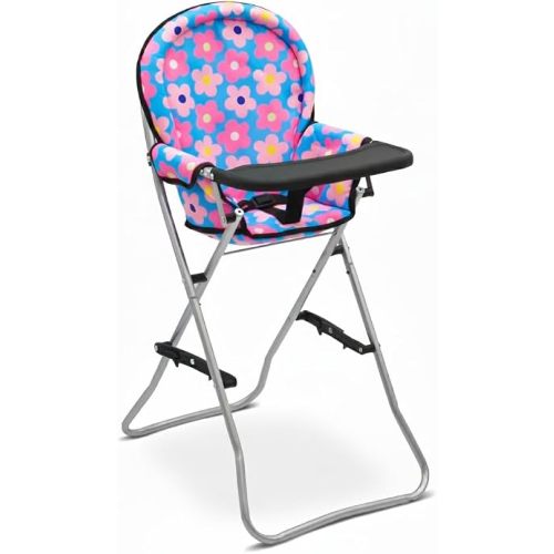 Baby Doll High Chair Foldable with Tray for Girl Pretend Play Toy Feeding Seat for Toddlers Children Compact Toy Furniture Blue