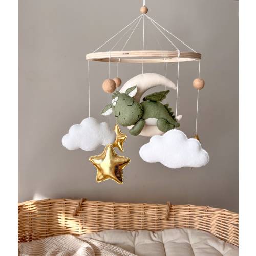 Green dragon of the moon crib mobile for baby Dragon nursery decor