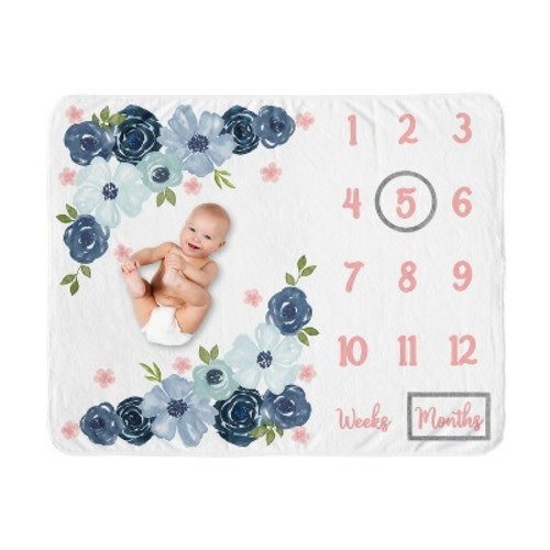 Sweet Jojo Designs Girl Baby Milestone Blanket Watercolor Floral Blue Green and Pink