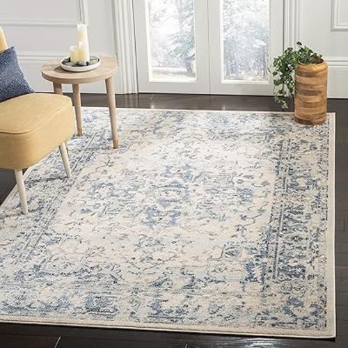 SAFAVIEH Charleston Collection Area Rug - 8' Square, Ivory & Navy, Oriental Distressed Design, Non-Shedding & Easy Care, Ideal for High Traffic Areas in Living Room, Bedroom (CHL411A)